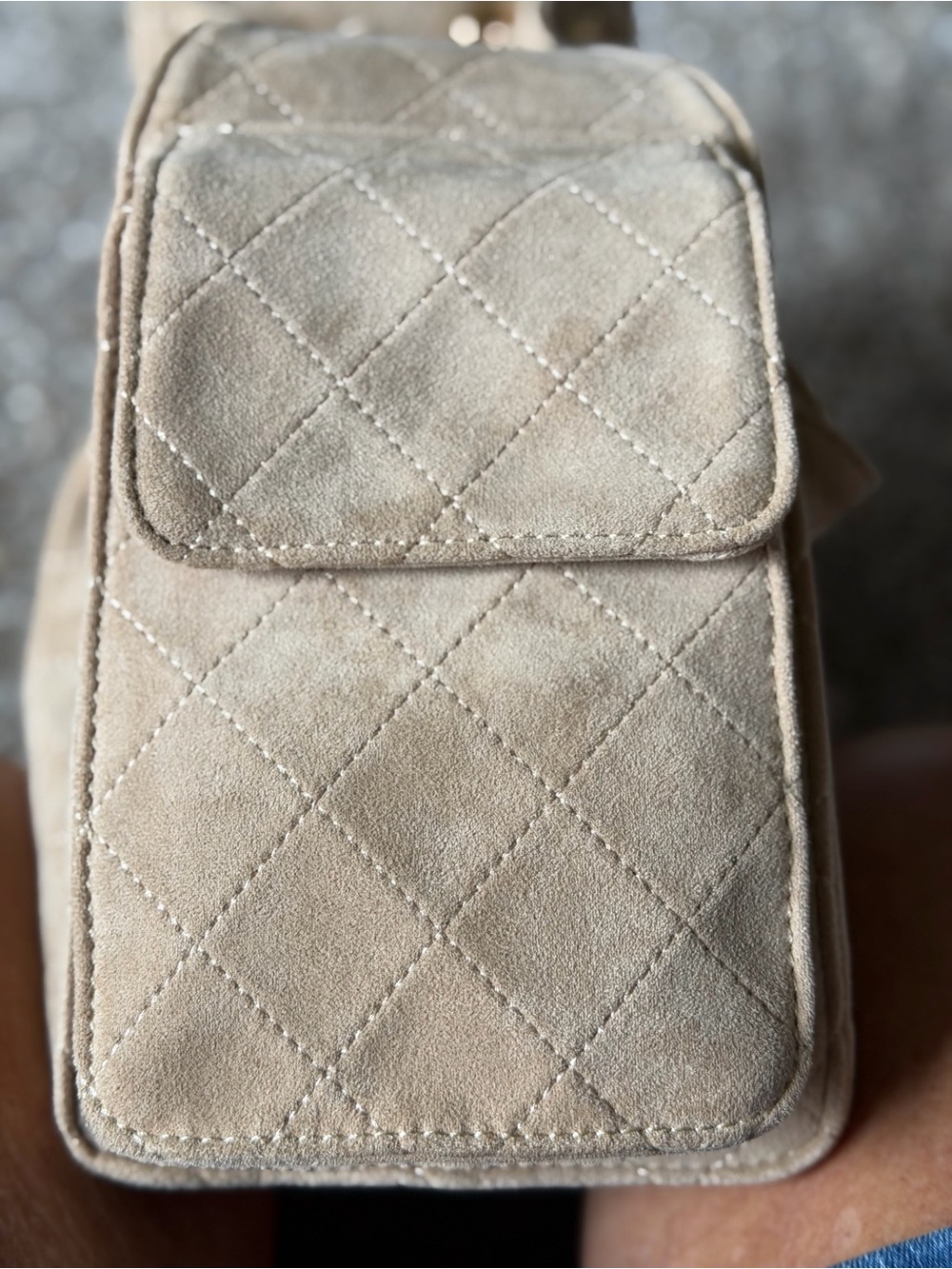 Suede Quilted Drawstring Shoulder Bag in Beige - Picture 8 of 15